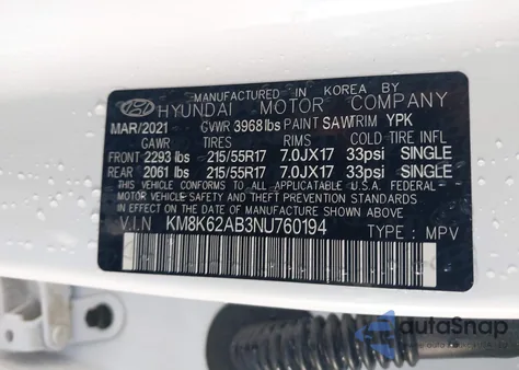 2022 Hyundai Kona Sel z USA, uszkodzony, nr VIN KM8K62AB3NU760194